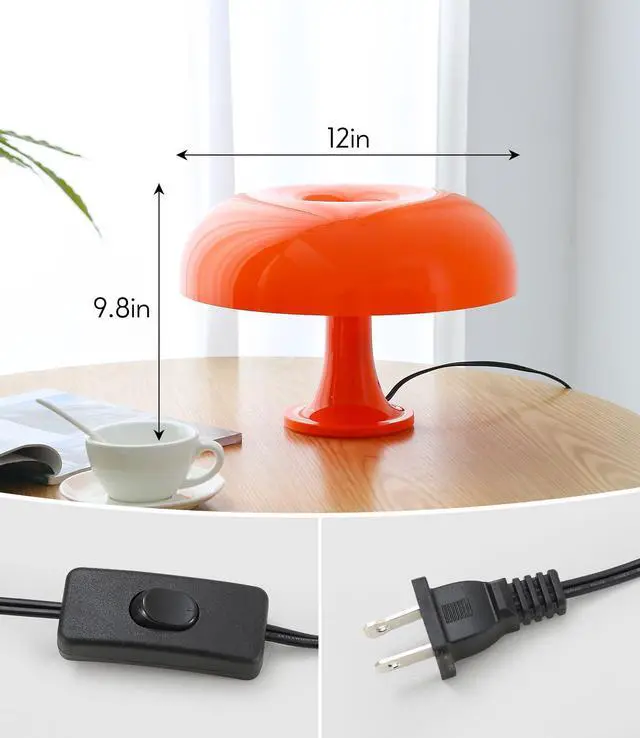 Alt view image 4 of 6 - Orange Mushroom Lamp, Mid Century Modern Table Lamp for Bedroom, Minimalist Mushroom Decor Bedside Small Lamps, 2700K(Bulb Included, Plug Powered)