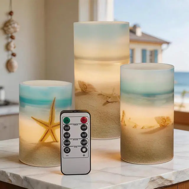 Main image of Beach Flameless LED Candles with Remote and Timer, Seashell & Starfish Pillar Unscented Real Wax, Ocean Decor for Home Bedroom Wedding Coastal Room, 3" x 4",5",6", Set of 3(Beach)