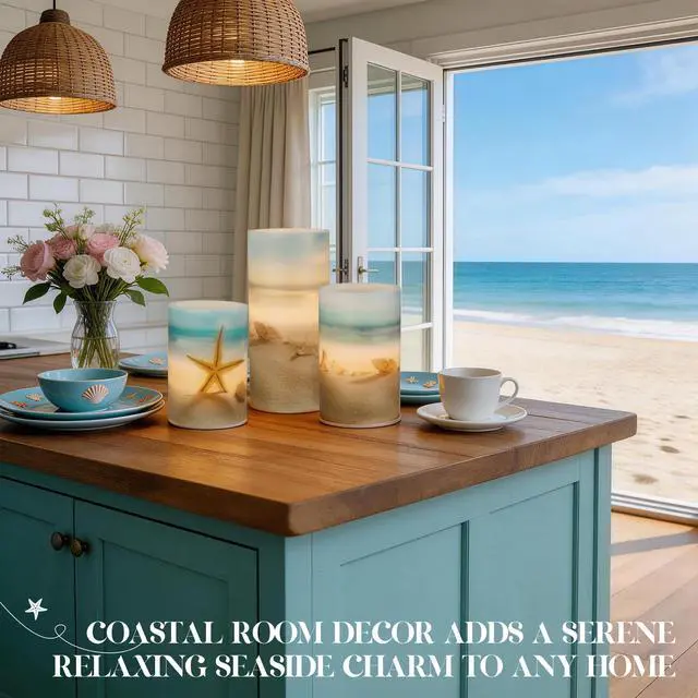 Alt view image 2 of 7 - Beach Flameless LED Candles with Remote and Timer, Seashell & Starfish Pillar Unscented Real Wax, Ocean Decor for Home Bedroom Wedding Coastal Room, 3" x 4",5",6", Set of 3(Beach)