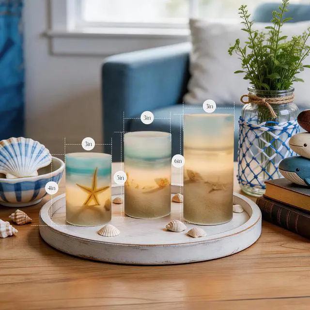Alt view image 3 of 7 - Beach Flameless LED Candles with Remote and Timer, Seashell & Starfish Pillar Unscented Real Wax, Ocean Decor for Home Bedroom Wedding Coastal Room, 3" x 4",5",6", Set of 3(Beach)