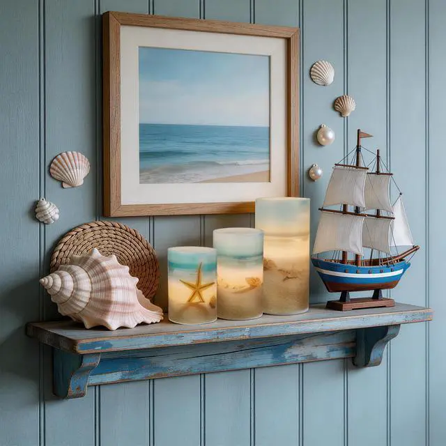 Alt view image 4 of 7 - Beach Flameless LED Candles with Remote and Timer, Seashell & Starfish Pillar Unscented Real Wax, Ocean Decor for Home Bedroom Wedding Coastal Room, 3" x 4",5",6", Set of 3(Beach)