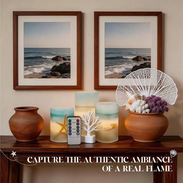 Alt view image 7 of 7 - Beach Flameless LED Candles with Remote and Timer, Seashell & Starfish Pillar Unscented Real Wax, Ocean Decor for Home Bedroom Wedding Coastal Room, 3" x 4",5",6", Set of 3(Beach)