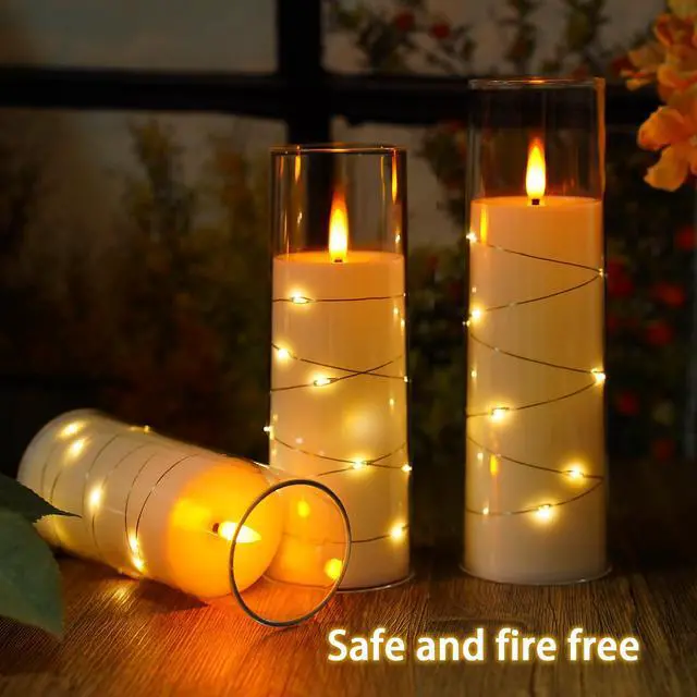Alt view image 3 of 5 - Flickering Flameless LED Candles, 9 Pcs with Embedded Star String, Acrylic LED Pillar Candles with Remote, Suitable for Home Decoration (White)