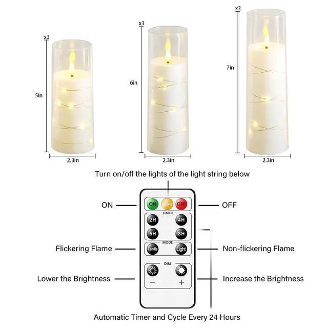 Alt view image 4 of 5 - Flickering Flameless LED Candles, 9 Pcs with Embedded Star String, Acrylic LED Pillar Candles with Remote, Suitable for Home Decoration (White)