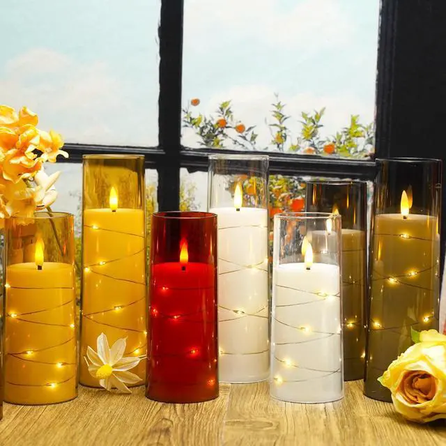 Alt view image 5 of 5 - Flickering Flameless LED Candles, 9 Pcs with Embedded Star String, Acrylic LED Pillar Candles with Remote, Suitable for Home Decoration (White)