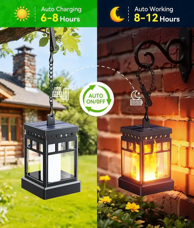 Alt view image 6 of 7 - Hanging Solar Lanterns Outdoor Waterproof, 4PCS Flickering Flame Hanging Solar Lights for Outside, Outdoor Solar Lanterns up to 12 Hours, Lanterns Decorative for Patio Porch Yard Garden Decor