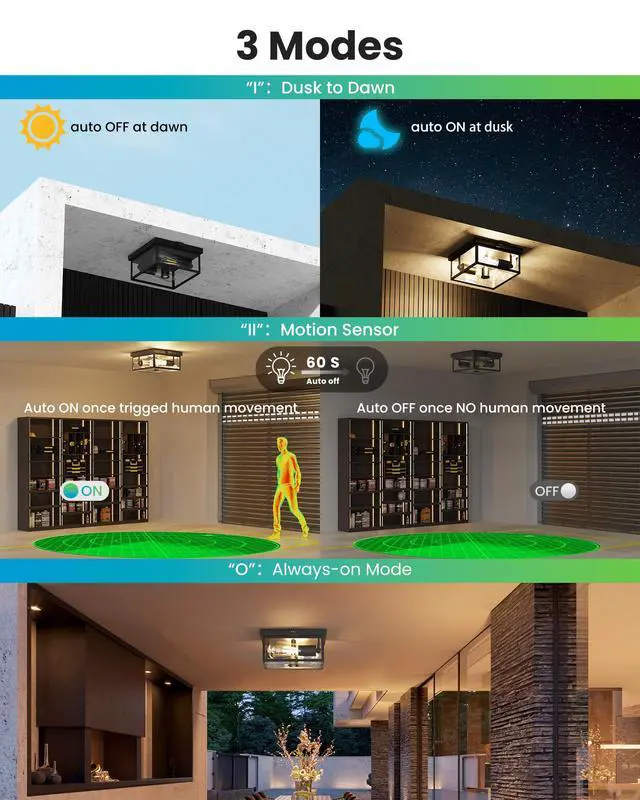 Alt view image 3 of 7 - Outdoor Ceiling Light with Motion Sensor, Flush Mount Porch Light, Exterior Light Fixture with Clear Glass, Dusk to Dawn 2-Light Fixture for Patio,Porch (8.5 in)