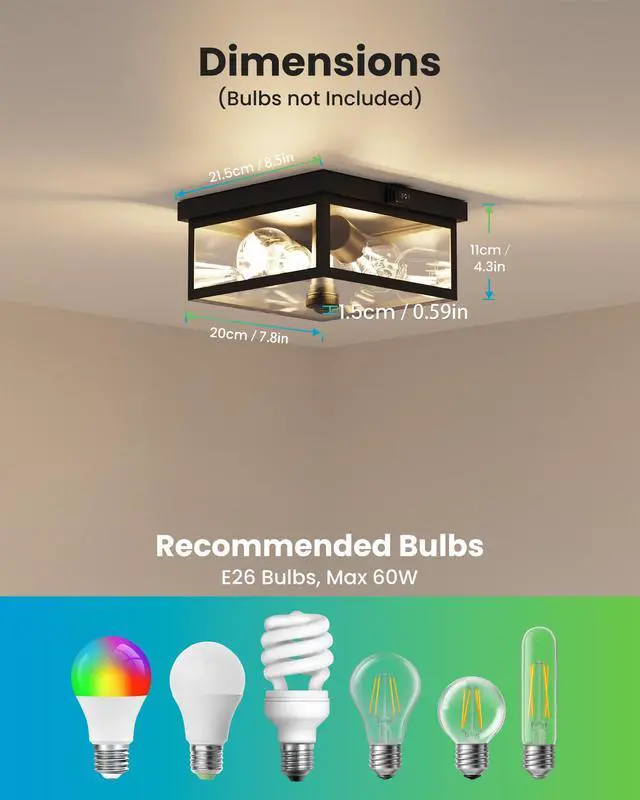 Alt view image 5 of 7 - Outdoor Ceiling Light with Motion Sensor, Flush Mount Porch Light, Exterior Light Fixture with Clear Glass, Dusk to Dawn 2-Light Fixture for Patio,Porch (8.5 in)