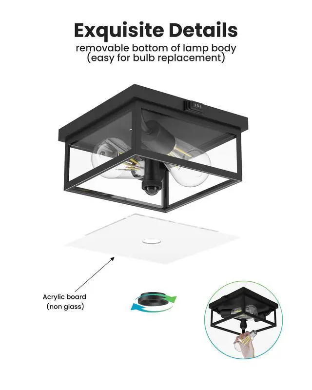 Alt view image 4 of 7 - Outdoor Ceiling Light with Motion Sensor, Flush Mount Porch Light, Exterior Light Fixture with Clear Glass, Dusk to Dawn 2-Light Fixture for Patio,Porch (8.5 in)