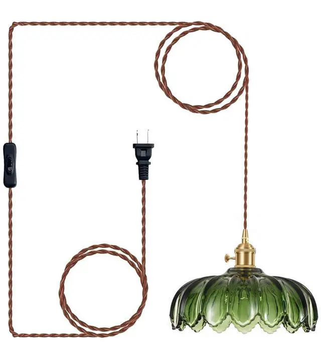 Main image of Plug in Pendant Light Fixtures: Hanging Light Plug in Green Glass Hanging Lamp, Pendant Lighting for Kitchen Island, Bedroom, Dining Room, Living Room, E26 No Bulb