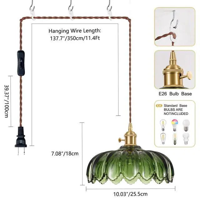 Alt view image 6 of 7 - Plug in Pendant Light Fixtures: Hanging Light Plug in Green Glass Hanging Lamp, Pendant Lighting for Kitchen Island, Bedroom, Dining Room, Living Room, E26 No Bulb