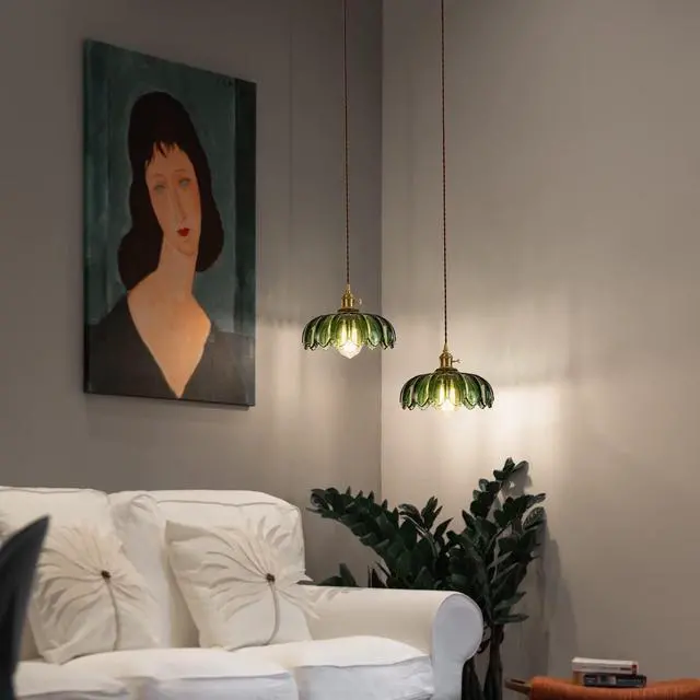 Alt view image 7 of 7 - Plug in Pendant Light Fixtures: Hanging Light Plug in Green Glass Hanging Lamp, Pendant Lighting for Kitchen Island, Bedroom, Dining Room, Living Room, E26 No Bulb