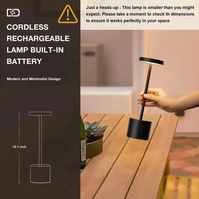 Alt view image 4 of 7 - Cordless Rechargeable Table Lamp, 4000mAh Battery Operated, Black, 2 Pack | Wireless LED Lamp, 3 Color Modes, Stepless Dimming, for Dining Room, Bedroom, Bar, Cafe, Restaurant, Outdoor Patio, Camping