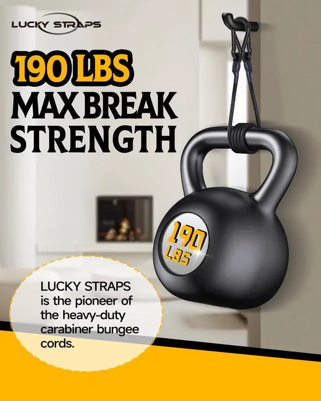 Alt view image 2 of 6 - 8 Pack 12" Heavy Duty Bungee Cords with Carabiner Hooks, 190 Lbs Strength | LUCKY STRAPS Black UV Resistant Bungee Straps for Luggage Racks, Cargo, Hand Carts, Bikes, Trucks, Motor, Camping & Outdoor