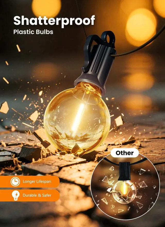 Alt view image 6 of 6 - 100FT 52 LED Bulbs Outdoor String Lights, IP65 Waterproof String Lights | G40 Shatterproof Connectable Outside Patio Light for Backyard Porch Balcony Garden Decor Christmas Camping Gazebo