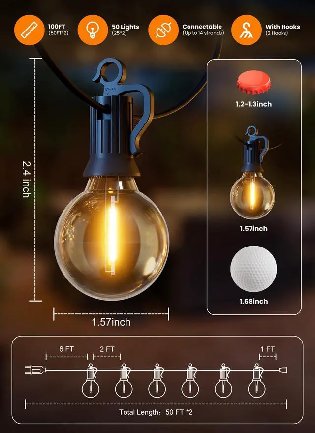 Alt view image 5 of 6 - 100FT 52 LED Bulbs Outdoor String Lights, IP65 Waterproof String Lights | G40 Shatterproof Connectable Outside Patio Light for Backyard Porch Balcony Garden Decor Christmas Camping Gazebo