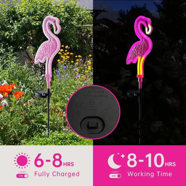 Alt view image 3 of 6 - Flamingo Solar Lights Outdoor Decor, Solar Pink Flamingos Outdoor for Yard Decorations,Pink Neon Solar Flamingo Garden Lights for Outside,Pathways,Patio or Lawn Decor,Gifts for Mom(2Pack)