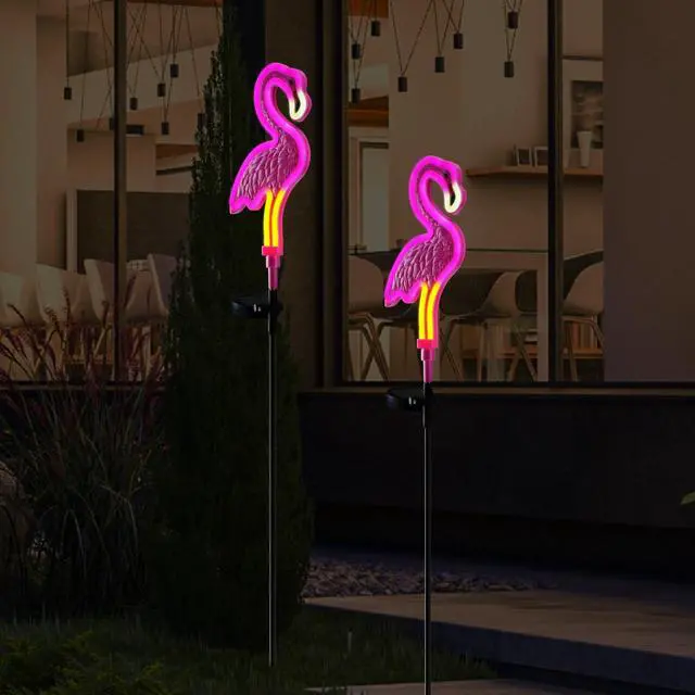 Alt view image 5 of 6 - Flamingo Solar Lights Outdoor Decor, Solar Pink Flamingos Outdoor for Yard Decorations,Pink Neon Solar Flamingo Garden Lights for Outside,Pathways,Patio or Lawn Decor,Gifts for Mom(2Pack)