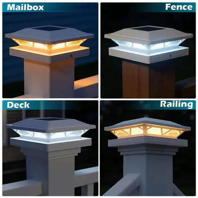 Alt view image 3 of 6 - Solar Post Cap Light 2 Modes 6 Pack, 3.5x3.5 4x4 4.5x4.5 5x5 Vinyl/Wooden Posts, Waterproof Outdoor Lighting for Fence Deck Patio Garden Decor, White/Warm (White)