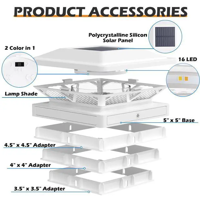 Alt view image 5 of 6 - Solar Post Cap Light 2 Modes 6 Pack, 3.5x3.5 4x4 4.5x4.5 5x5 Vinyl/Wooden Posts, Waterproof Outdoor Lighting for Fence Deck Patio Garden Decor, White/Warm (White)