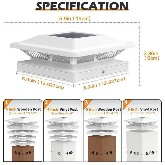 Alt view image 4 of 6 - Solar Post Cap Light 2 Modes 6 Pack, 3.5x3.5 4x4 4.5x4.5 5x5 Vinyl/Wooden Posts, Waterproof Outdoor Lighting for Fence Deck Patio Garden Decor, White/Warm (White)