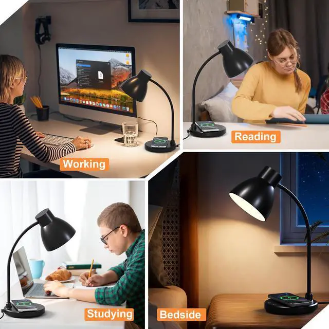 Alt view image 6 of 7 - LED Desk Lamp for Home Office with Wireless Charger, Black | 3 Color Modes Dimmable Eye-Caring Study Reading Dorm Desk Lamp, 360° Flexible Arm Table Lamp for College Dorm Room, 800 Lumen