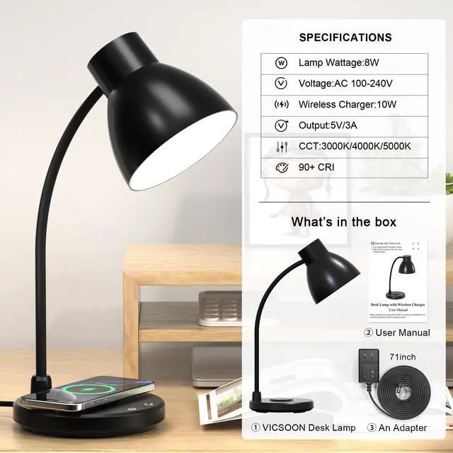 Alt view image 7 of 7 - LED Desk Lamp for Home Office with Wireless Charger, Black | 3 Color Modes Dimmable Eye-Caring Study Reading Dorm Desk Lamp, 360° Flexible Arm Table Lamp for College Dorm Room, 800 Lumen