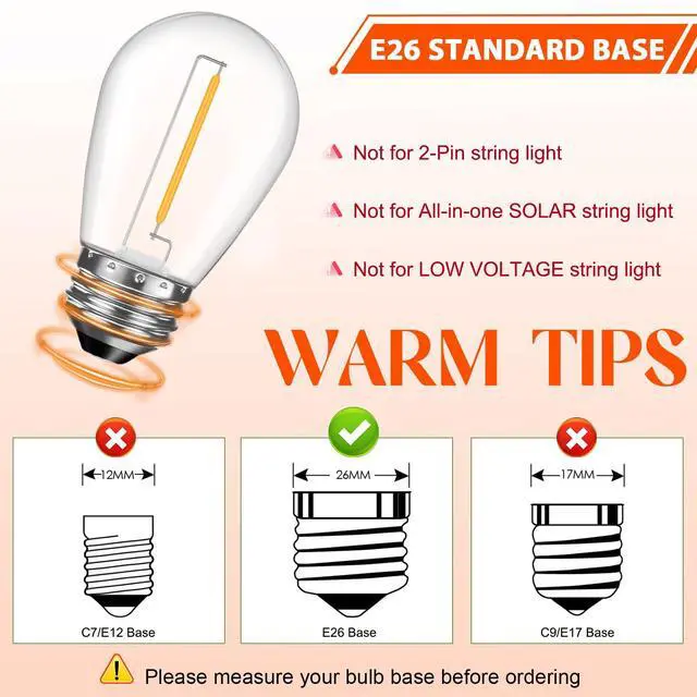 Alt view image 4 of 7 - 36 Pack S14 LED Bulbs for Outdoor String Lights, Shatterproof Replacement Edison Bulbs for Patio String Lights Outdoor Waterproof, Warm White 2200K, Dimmable, E26 Standard Base