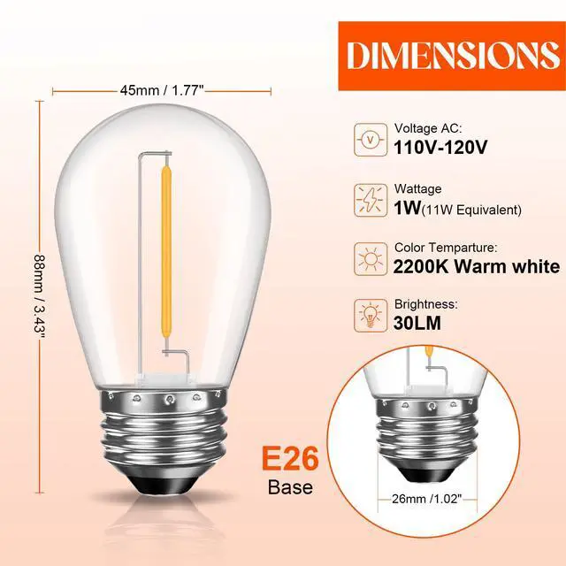 Alt view image 7 of 7 - 36 Pack S14 LED Bulbs for Outdoor String Lights, Shatterproof Replacement Edison Bulbs for Patio String Lights Outdoor Waterproof, Warm White 2200K, Dimmable, E26 Standard Base