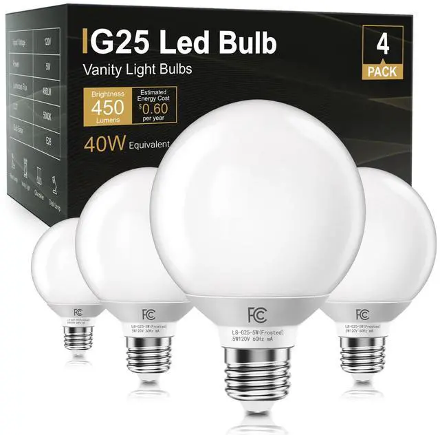 Main image of G25 LED Globe Light Bulbs, Vanity Bulb for Bathroom 40W Equivalent | 5000K Daylight White E26 Base, Round Decorative Bulb for Vanity Makeup Mirror, CRI85+, 450LM, Non-Dimmable, UL, 4 Pack
