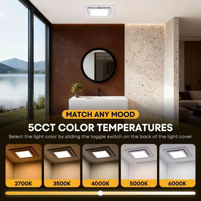 Alt view image 3 of 7 - Bathroom Exhaust Fan with Light 10" Ultra Quiet 1.0 Sones,1000LM, 5CCT, Exhaust Fan Mounting Opening 8"x8" in 110CFM Bathroom Fan with Light Ceiling Mount for Home, Bath, Office