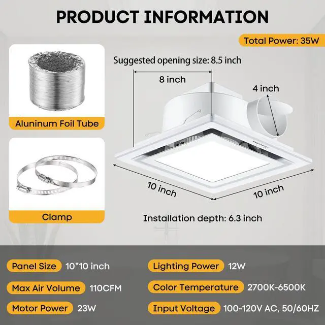 Alt view image 6 of 7 - Bathroom Exhaust Fan with Light 10" Ultra Quiet 1.0 Sones,1000LM, 5CCT, Exhaust Fan Mounting Opening 8"x8" in 110CFM Bathroom Fan with Light Ceiling Mount for Home, Bath, Office