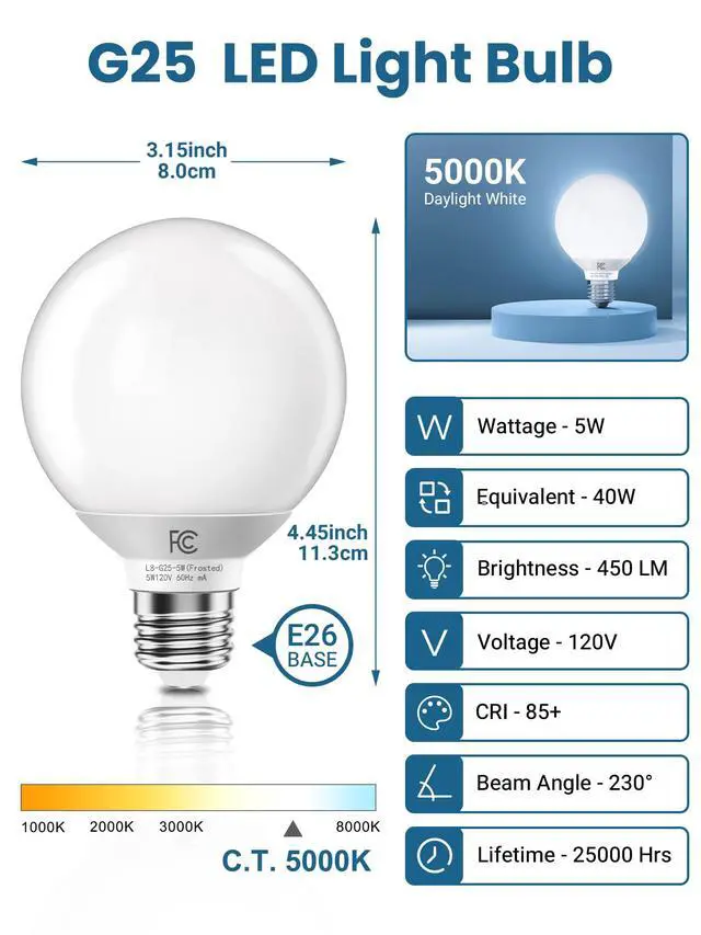 Alt view image 2 of 7 - G25 LED Globe Light Bulbs, Vanity Bulb for Bathroom 40W Equivalent | 5000K Daylight White E26 Base, Round Decorative Bulb for Vanity Makeup Mirror, CRI85+, 450LM, Non-Dimmable, UL, 4 Pack