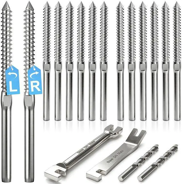 Main image of Cable Railing Hardware 1/8" T316 Swage Lag Screws for Wood Post 100Pack | Marine Grade T316 Stainless Steel, Right & Left Hand Thread for Stair/Deck Cable Railing Kits with Wrench, DM50
