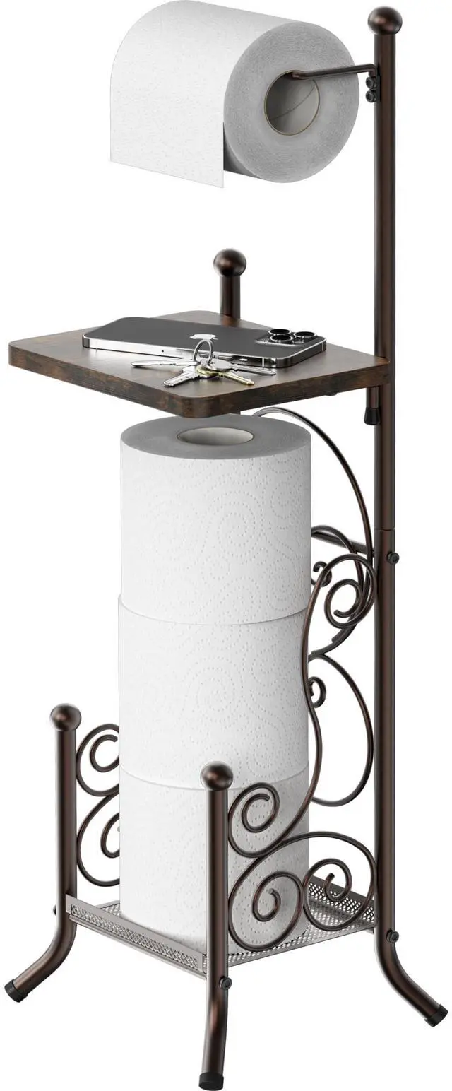 Main image of English Style Toilet Paper Stand Holder w/Woodtop, Bronze | 4 Paper Rolls, 8.5" x 8.75" x 29.2"