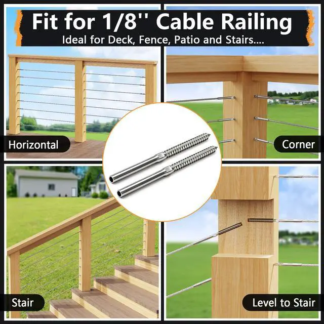 Alt view image 4 of 7 - Cable Railing Hardware 1/8" T316 Swage Lag Screws for Wood Post 100Pack | Marine Grade T316 Stainless Steel, Right & Left Hand Thread for Stair/Deck Cable Railing Kits with Wrench, DM50