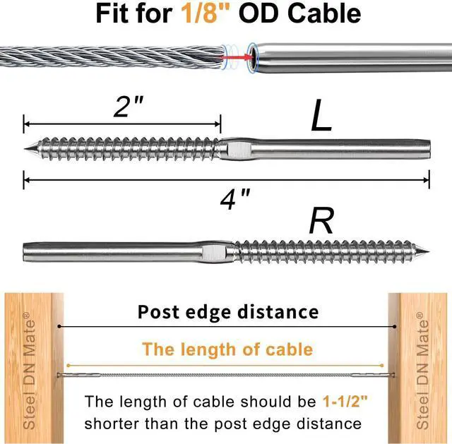 Alt view image 6 of 7 - Cable Railing Hardware 1/8" T316 Swage Lag Screws for Wood Post 100Pack | Marine Grade T316 Stainless Steel, Right & Left Hand Thread for Stair/Deck Cable Railing Kits with Wrench, DM50