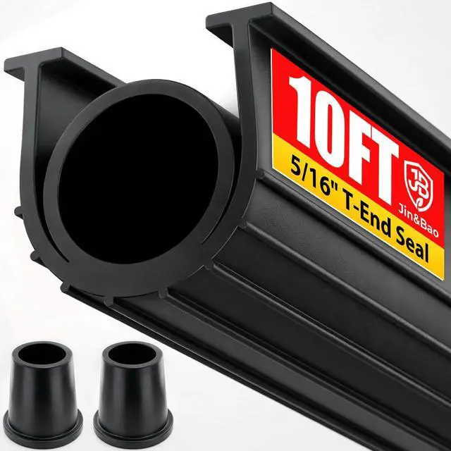 Main image of Garage Door Bottom Rubber Seal 5/16" T-End 10FT & 2 End Plugs Black | garage door bottom seal,double weather barrier,2 end plugs,flexible rubber,easy trim,tool-free slide-in install