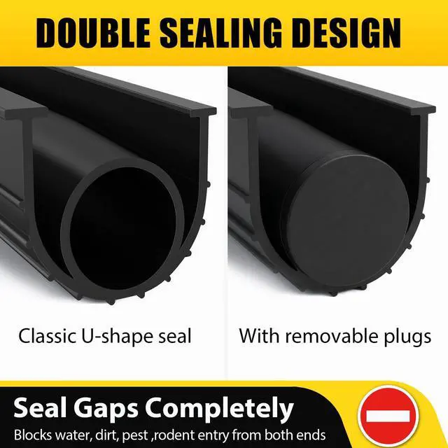 Alt view image 3 of 7 - Garage Door Bottom Rubber Seal 5/16" T-End 10FT & 2 End Plugs Black | garage door bottom seal,double weather barrier,2 end plugs,flexible rubber,easy trim,tool-free slide-in install