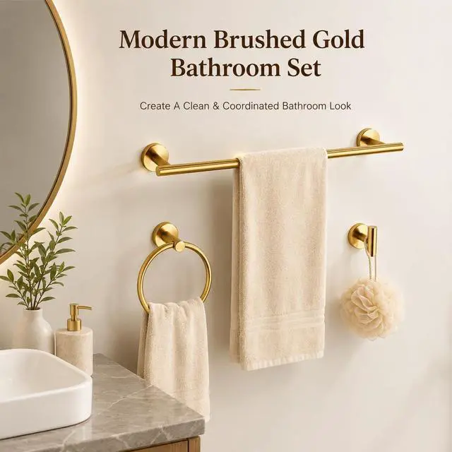Alt view image 2 of 7 - Brushed Gold Bathroom Hardware Set 5 Piece with Towel Racks for Bathroom, SUS304 Stainless Steel Bath Towel Bar Set, 24 Inch Wall Mounted Accessories Kit