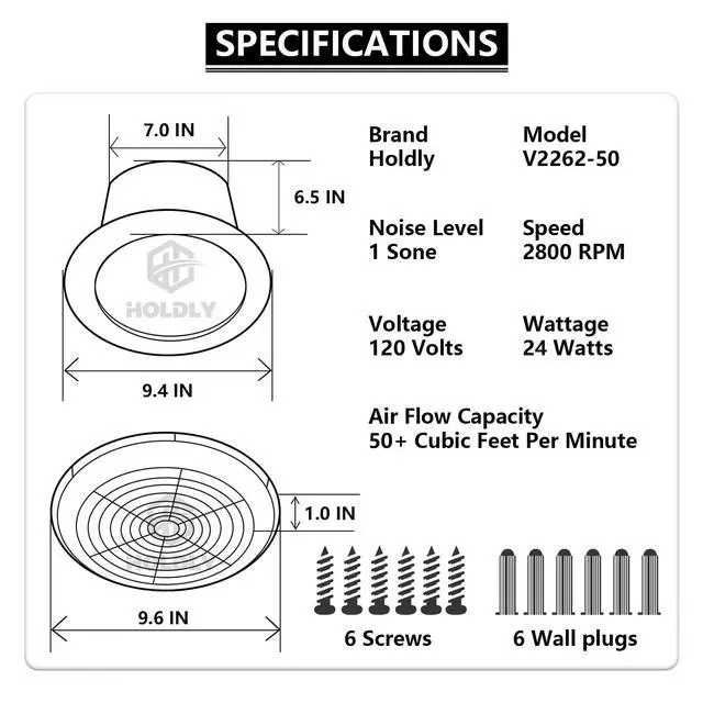 Alt view image 2 of 6 - V2262-50 7 Inch Bathroom Exhaust Fan, 50 CFM, 1.0 Sones, 7" Ceiling Exhaust Fan, for 8 Inch Diameter Rough-in Opening, Ideal Ventilation for Bathroom, Laundry Room, Mobile Home, Kitchen & Garage