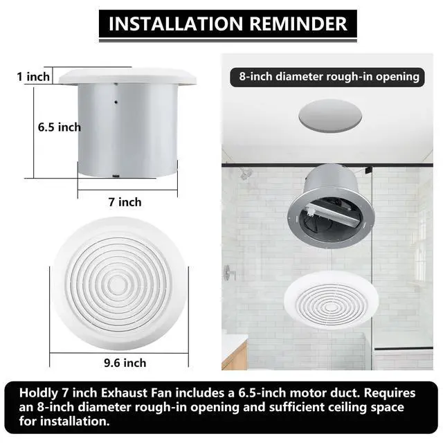 Alt view image 3 of 6 - V2262-50 7 Inch Bathroom Exhaust Fan, 50 CFM, 1.0 Sones, 7" Ceiling Exhaust Fan, for 8 Inch Diameter Rough-in Opening, Ideal Ventilation for Bathroom, Laundry Room, Mobile Home, Kitchen & Garage