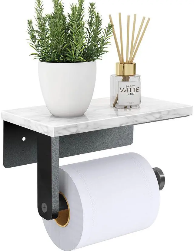 Main image of Marble Toilet Paper Holder with Shelf, Wall Mounted Matte Black | Stainless Steel Tissue Roll Paper Holder Dispenser for Bathroom Washroom