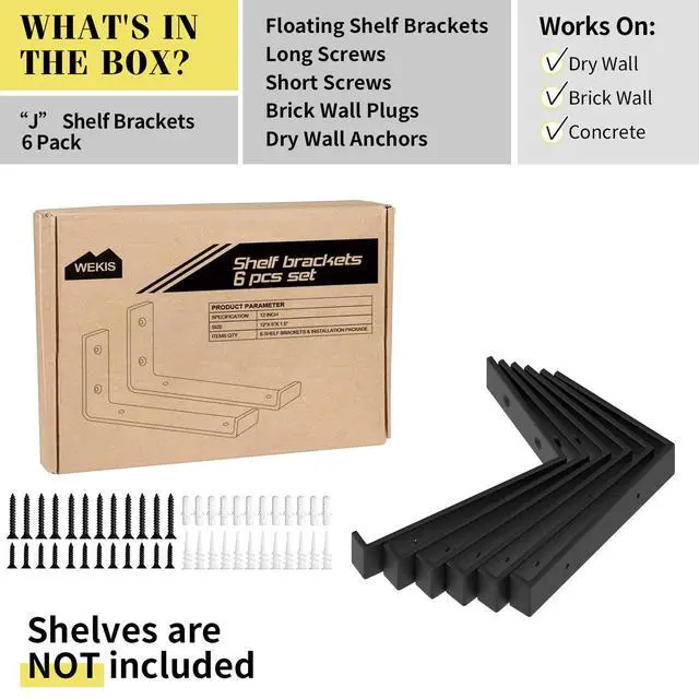 Alt view image 2 of 7 - 12 Inch Heavy Duty Floating Shelf Bracket, Wall Mounting Industrial Black Shelf Brackets, 1/5 Inch Thick Iron Metal Brackets for Shelves 6 Packs