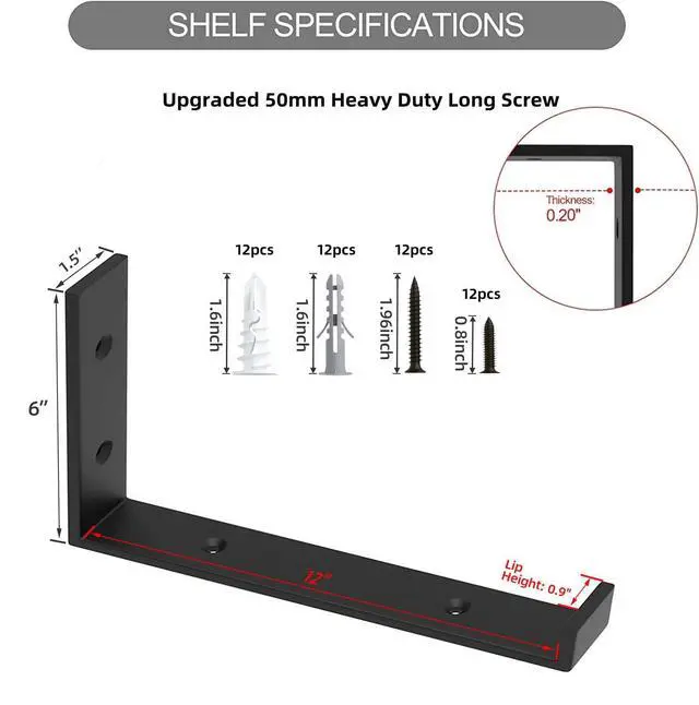 Alt view image 3 of 7 - 12 Inch Heavy Duty Floating Shelf Bracket, Wall Mounting Industrial Black Shelf Brackets, 1/5 Inch Thick Iron Metal Brackets for Shelves 6 Packs