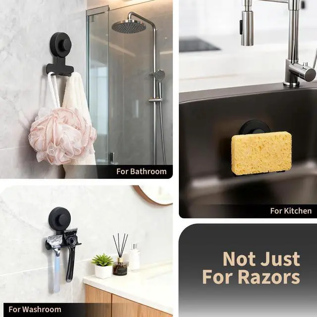 Alt view image 4 of 6 - Suction Cup Razor and Shaver Holder for Shower Wall, Stainless Steel Reusable Suction Hook for Towel and Loofah, Damage-Free Installation (2, Matte Black)