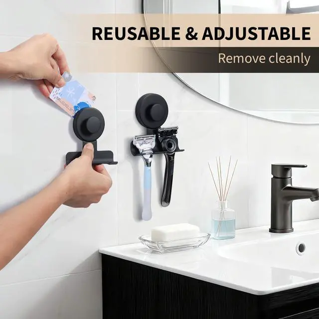 Alt view image 3 of 6 - Suction Cup Razor and Shaver Holder for Shower Wall, Stainless Steel Reusable Suction Hook for Towel and Loofah, Damage-Free Installation (2, Matte Black)