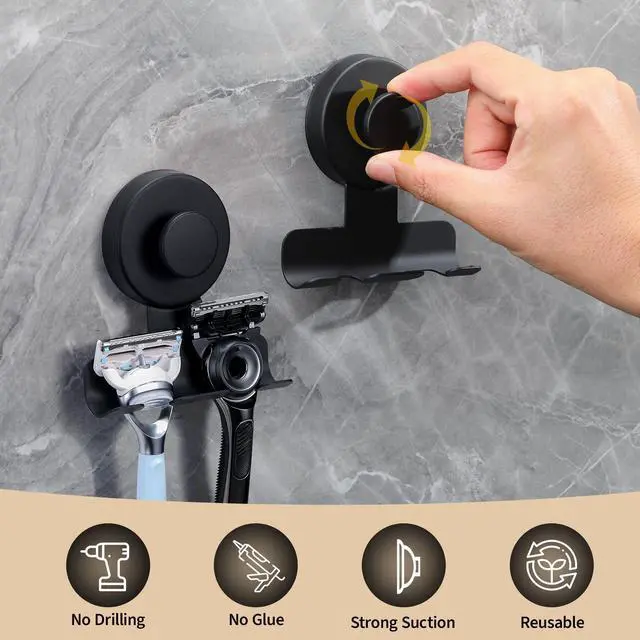Alt view image 5 of 6 - Suction Cup Razor and Shaver Holder for Shower Wall, Stainless Steel Reusable Suction Hook for Towel and Loofah, Damage-Free Installation (2, Matte Black)