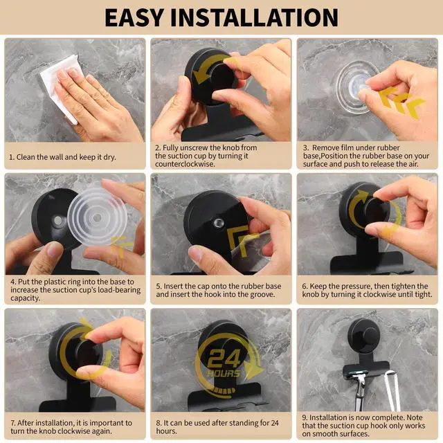 Alt view image 6 of 6 - Suction Cup Razor and Shaver Holder for Shower Wall, Stainless Steel Reusable Suction Hook for Towel and Loofah, Damage-Free Installation (2, Matte Black)