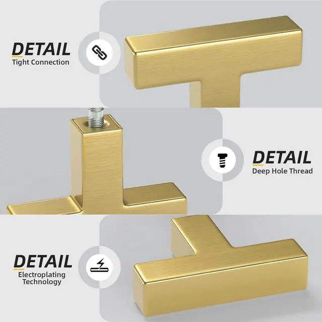 Alt view image 5 of 7 - Brushed Brass Cabinet Knobs, Single Hole Drawer Pulls, 10 Pack | Stainless Steel Knobs, Square Cabinet Hardware for Bathroom, Bedroom, Cupboards, Drawers, Dressers, Screws Included